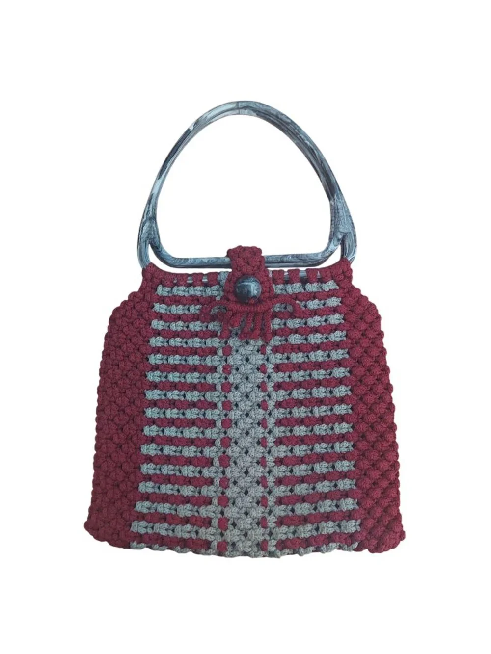 Macrame Crochet Handbag Tote Red Gray Lucite Top Handles Vintage 70s Retro Boho